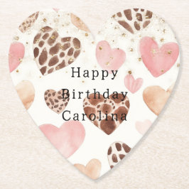 Pink Cream Animal Hearts Gold Sparkle Birthday Kartonnen Onderzetters