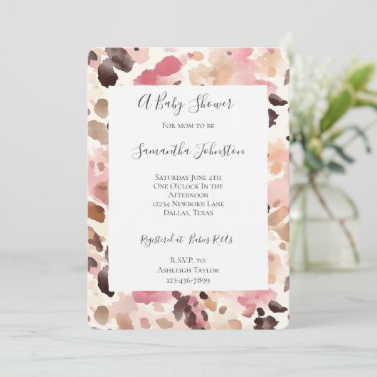 Pink Cream Brown Leopard Animal Print Baby shower Kaart (Staand voorkant)