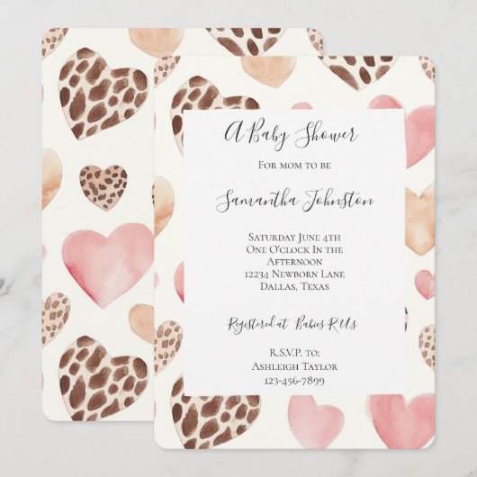 Pink Cream Brown Leopard Hearts Baby shower Kaart (Voorkant / Achterkant)