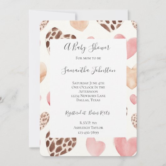 Pink Cream Brown Leopard Hearts Baby shower Kaart (Voorkant)