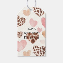 Pink Cream Brown Leopard Hearts Verjaardag Cadeaulabel