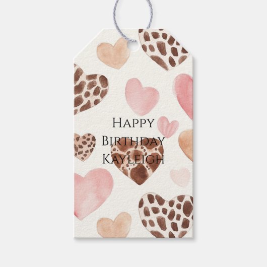 Pink Cream Brown Leopard Hearts Verjaardag Cadeaulabel (Voorkant)