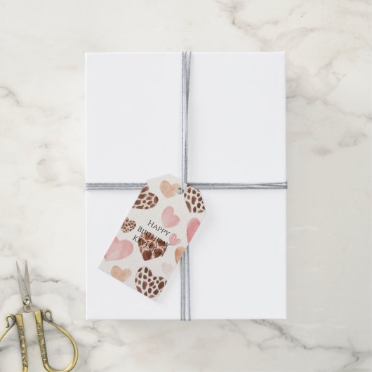 Pink Cream Brown Leopard Hearts Verjaardag Cadeaulabel (Met Touw)