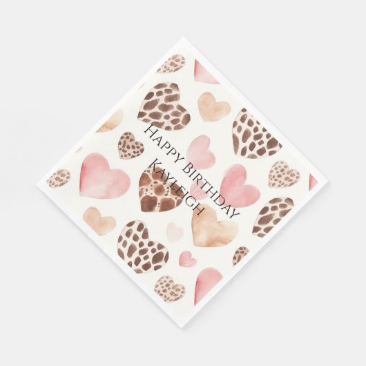 Pink Cream Brown Leopard Hearts Verjaardag Servet (Hoek)