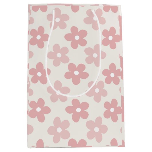 Pink Cream Daisy Flowers Retro Patroon Medium Cadeauzakje (Voorkant)