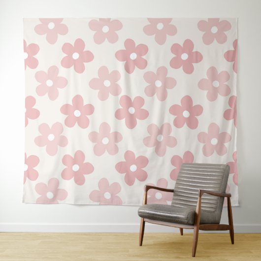 Pink Cream Daisy Flowers Retro Patroon Wandkleed (In Situ (horizontaal))