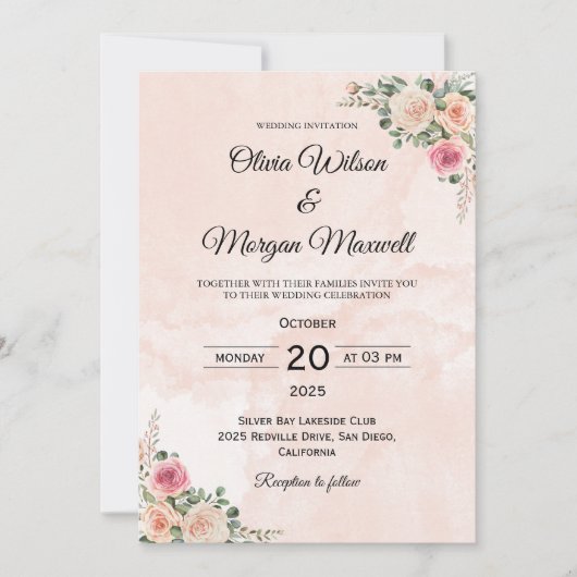 Pink Cream Floral Chic Wedding Invitation Kaart (Voorkant)