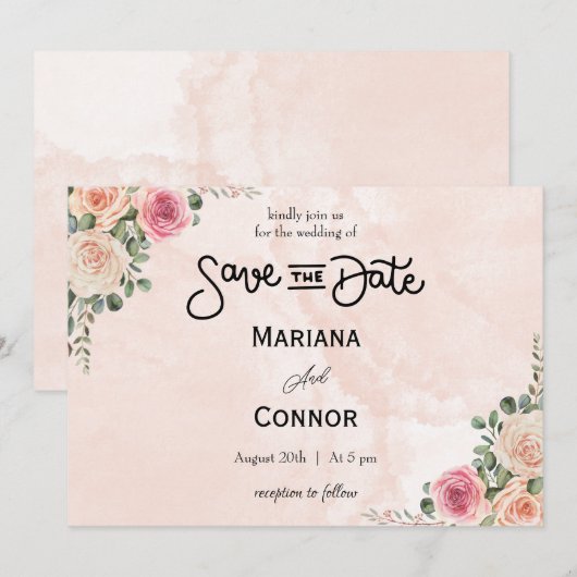 Pink Cream Floral Garden Wedding Save the Date Kaart (Voorkant / Achterkant)