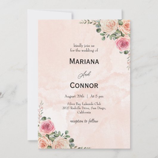 Pink Cream Floral Romantic Wedding Invitation Kaart (Voorkant)