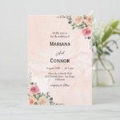 Pink Cream Floral Romantic Wedding Invitation Kaart (Staand voorkant)