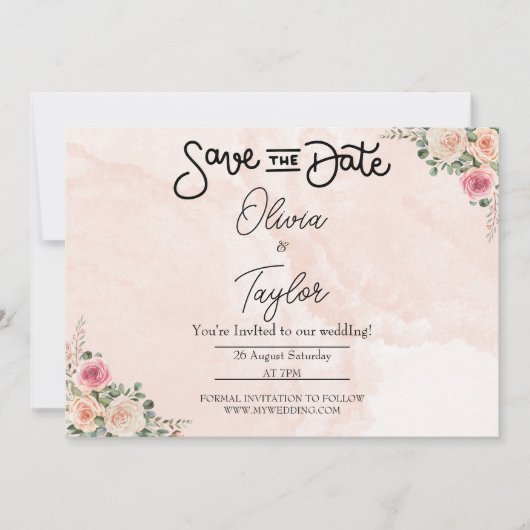 Pink Cream Floral Wedding Save the Date Cards Kaart (Voorkant)