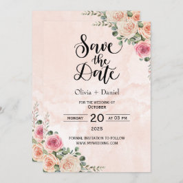 Pink Cream Floral Wedding Save the Date Cards Kaart
