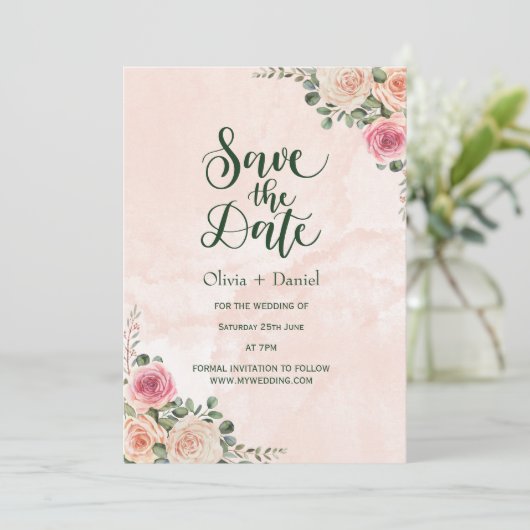 Pink Cream Floral Wedding Save the Date Kaarten (Staand voorkant)
