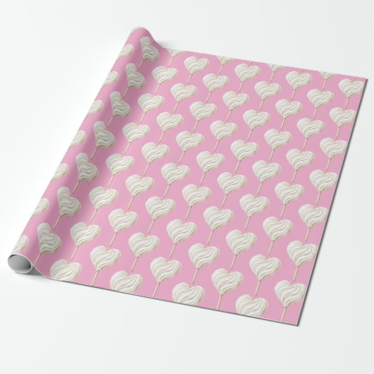 Pink Cream Heart on Stick Birthday Cadeaupapier (Uitgerold)