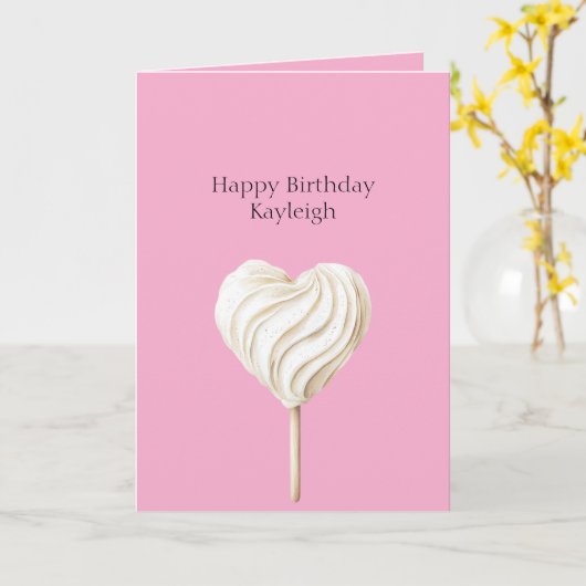 Pink Cream Heart on Stick Birthday Kaart (Gele Bloem)