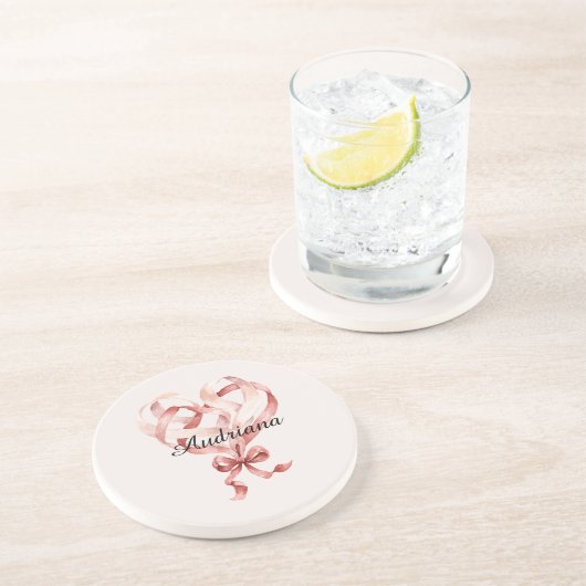 Pink Cream Heart Ribbon Zandsteen Onderzetter (Zijkant)