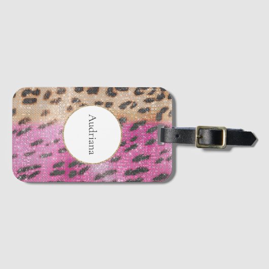 Pink Cream Leopard Animal Sparkle Bagagelabel (Voorkant (horizontaal))