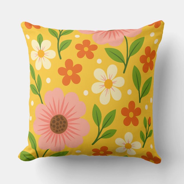 Pink, cream & Orange Flowers with Green Leaves Kussen (Voorkant)