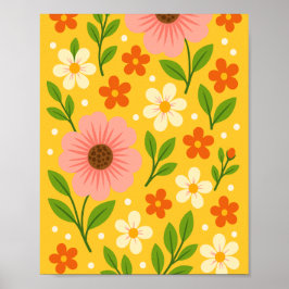 Pink, cream & Orange Flowers with Green Leaves Poster