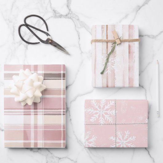 Pink Cream Plaid Stripes Sneeuwvlokken Kerstmis Inpakpapier Vel (Voorkant)