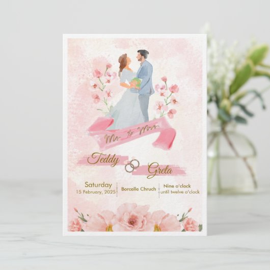Pink Cream Watercolor Wedding Invitation Kaart (Staand voorkant)