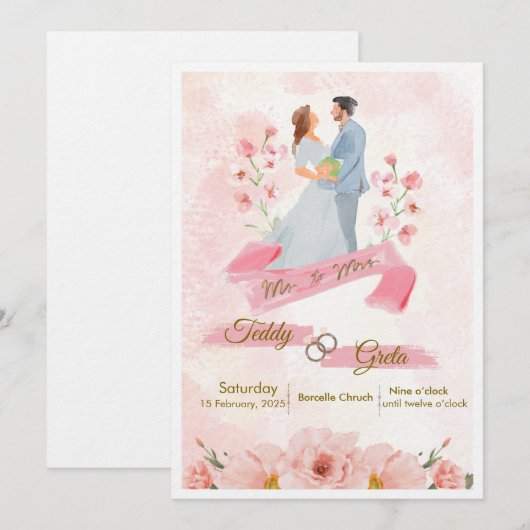 Pink Cream Watercolor Wedding Invitation Kaart (Voorkant / Achterkant)