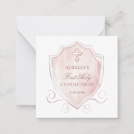 Pink Crest Eerste Communie Mini Dankjewel Kaart Notitiekaartje (Voorkant)