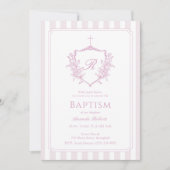 Pink Crest Monogram Doopuitnodiging Kaart (Voorkant)