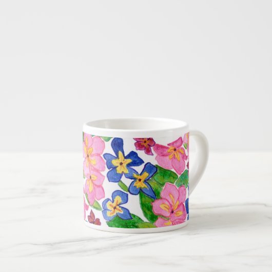Pink, Crimson en Blue Primroses Floral on White Espresso Kop (Voorkant rechts)