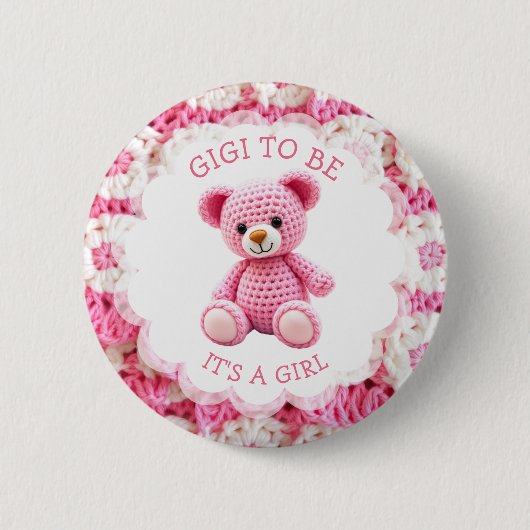 Pink Crocheted Teddy Bear | Gigi to Be Ronde Button 5,7 Cm (Voorkant)