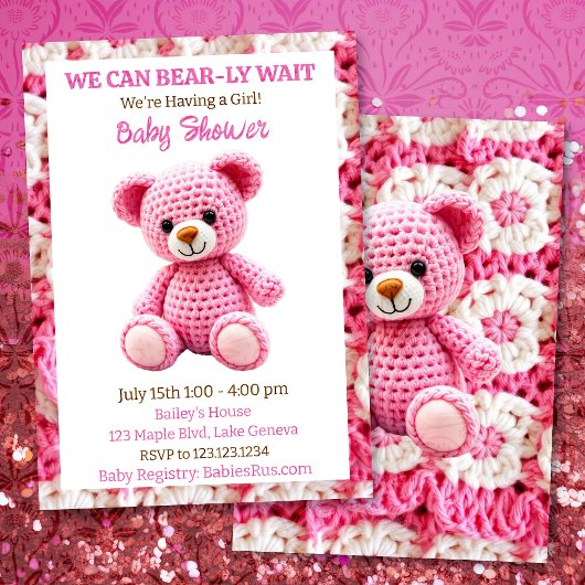 Pink Crocheted Teddy Bear Girl's Baby Shower Kaart
