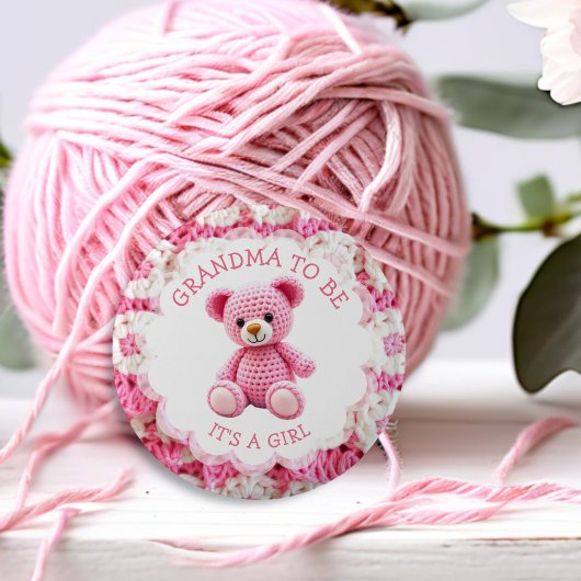 Pink Crocheted Teddy Bear | Grandma to Be Ronde Button 5,7 Cm