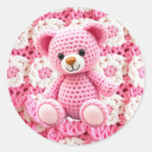 Pink Crocheted Teddy Bear It's a Girl Ronde Sticker (Voorkant)
