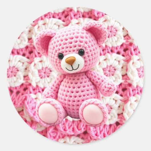 Pink Crocheted Teddy Bear It's a Girl Ronde Sticker (Voorkant)