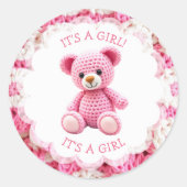 Pink Crocheted Teddy Bear It's a Girl Ronde Sticker (Voorkant)