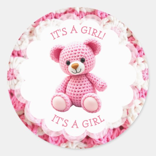 Pink Crocheted Teddy Bear It's a Girl Ronde Sticker (Voorkant)