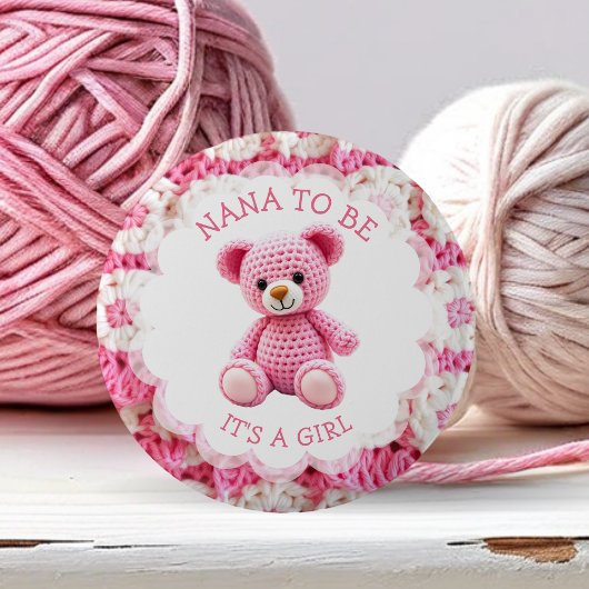 Pink Crocheted Teddy Bear | Nana to Be Ronde Button 5,7 Cm
