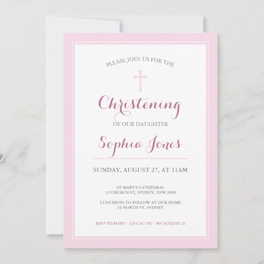 Pink Cross Christening or Baptism Invitation Kaart (Voorkant)