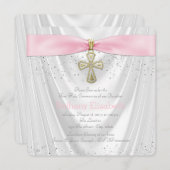 Pink Cross First Communion White Satin Kaart (Voorkant / Achterkant)
