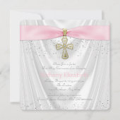 Pink Cross First Communion White Satin Kaart (Voorkant)
