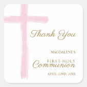 Pink Cross Thank You First Holy Communion Vierkante Sticker (Voorkant)