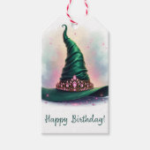 Pink Crown Emerald Green Witch Pet Happy Birthday Cadeaulabel (Voorkant)