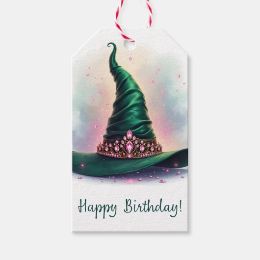 Pink Crown Emerald Green Witch Pet Happy Birthday Cadeaulabel (Voorkant)