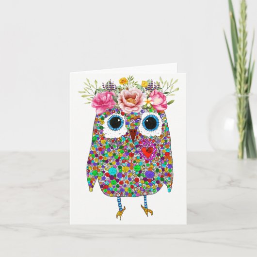 Pink Crown Floral Owl Wenskaart Feestdagen Kaart (Voorkant)