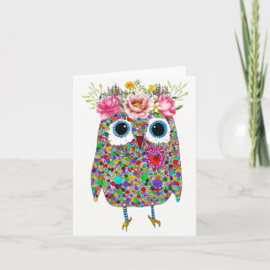 Pink Crown Floral Owl Wenskaart Feestdagen Kaart
