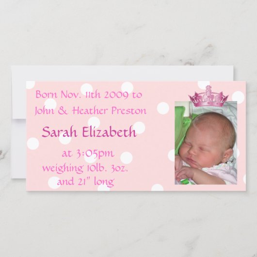 Pink Crown Geboorteaankondiging Fotokaart Aankondiging (Voorkant)