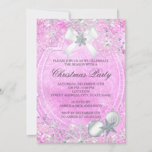 Pink Crystal Snowflake Bow kerstparty Invite Kaart (Voorkant)