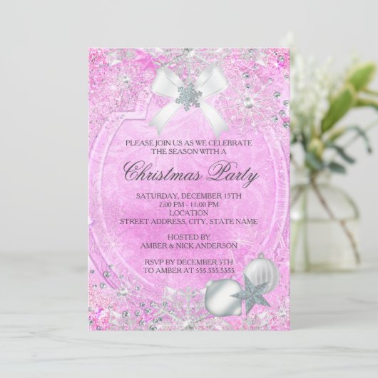 Pink Crystal Snowflake Bow kerstparty Invite Kaart (Staand voorkant)
