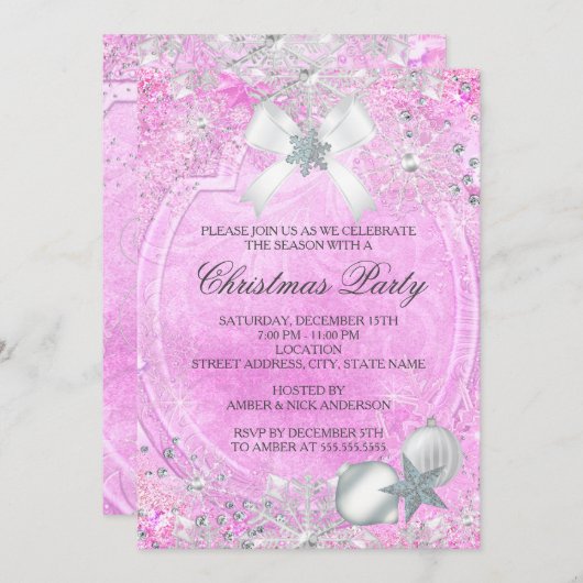 Pink Crystal Snowflake Bow kerstparty Invite Kaart (Voorkant / Achterkant)