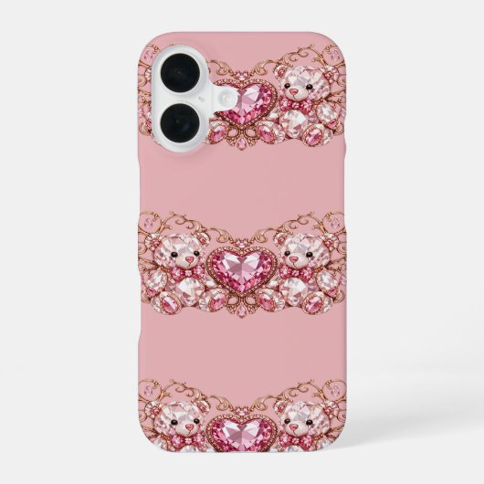 Pink Crystal Teddy Bears with Gem Heart iPhone 16 Hoesje (Achterkant)